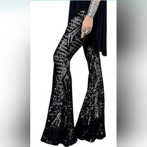 🚩SOLD🚩 Sequin Flare Pants, Sparkle Shiny High Waisted Wide Leg Trousers Bell